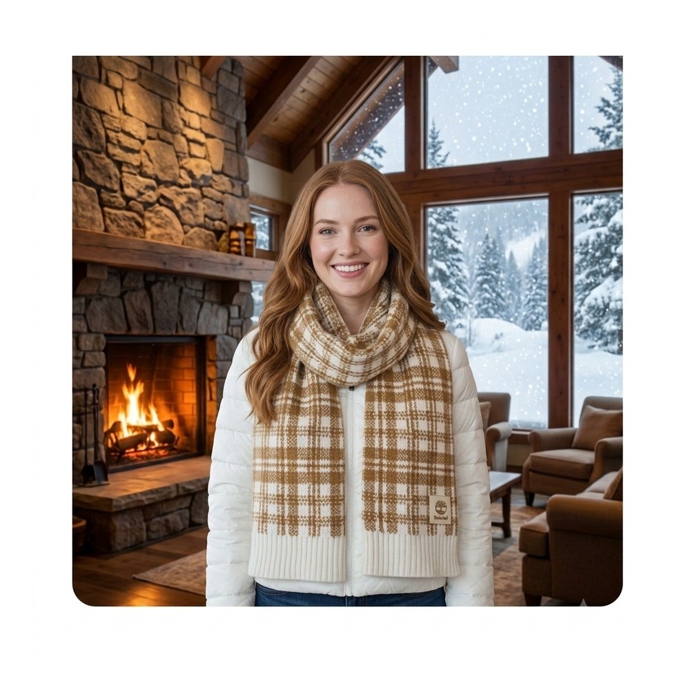 Timberland Scarf Unisex OS Wheat White Plaid Knit New